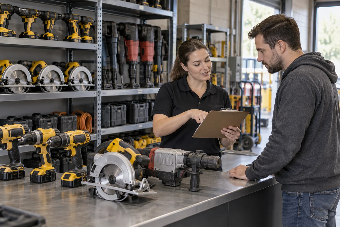 A worker reviews a clipboard with a customer at a counter surrounded by power tools.
