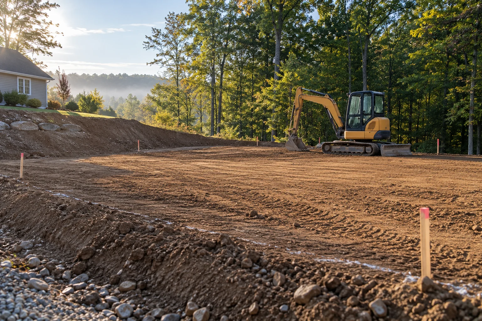 A compact excavator stands on a graded dirt site marked with stakes beside a house and trees.