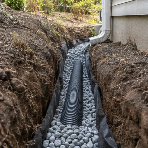 A corrugated drainpipe rests on gravel in a fabric-lined trench beside a house downspout.