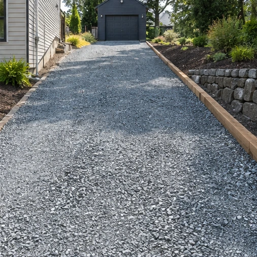A gravel driveway with timber edging runs beside a house and stone retaining wall toward a garage.