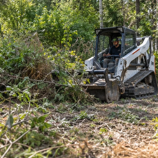 A worker operates a compact tracked loader among cut branches and brush in a wooded area.