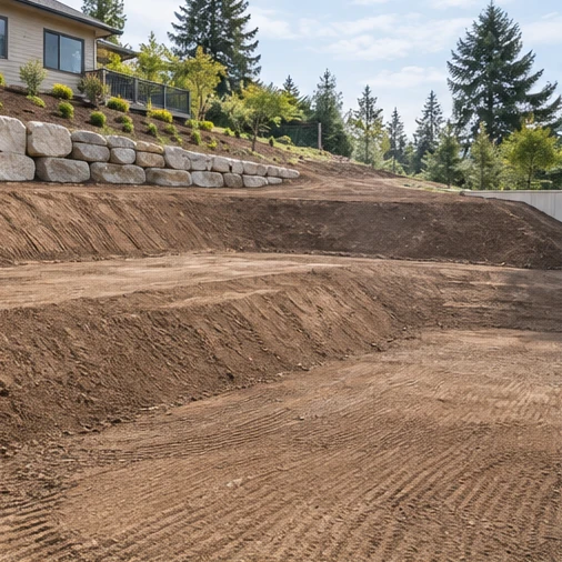 Graded dirt terraces with equipment tracks slope below a house and a stone retaining wall.
