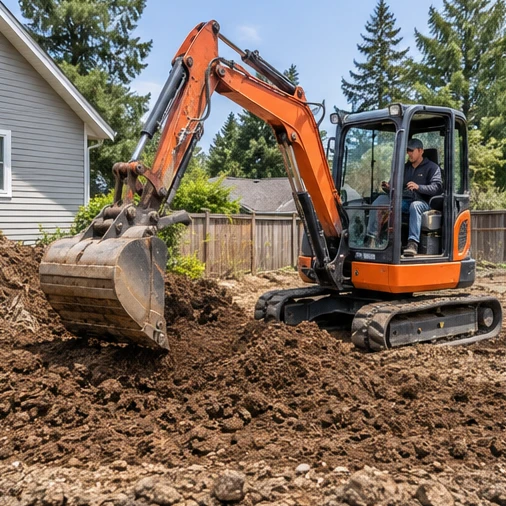 A worker operates an orange tracked excavator in a dug-up yard beside a house.