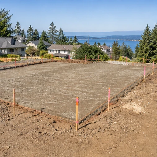 A leveled dirt building pad is marked with stakes and string above a neighborhood near water.