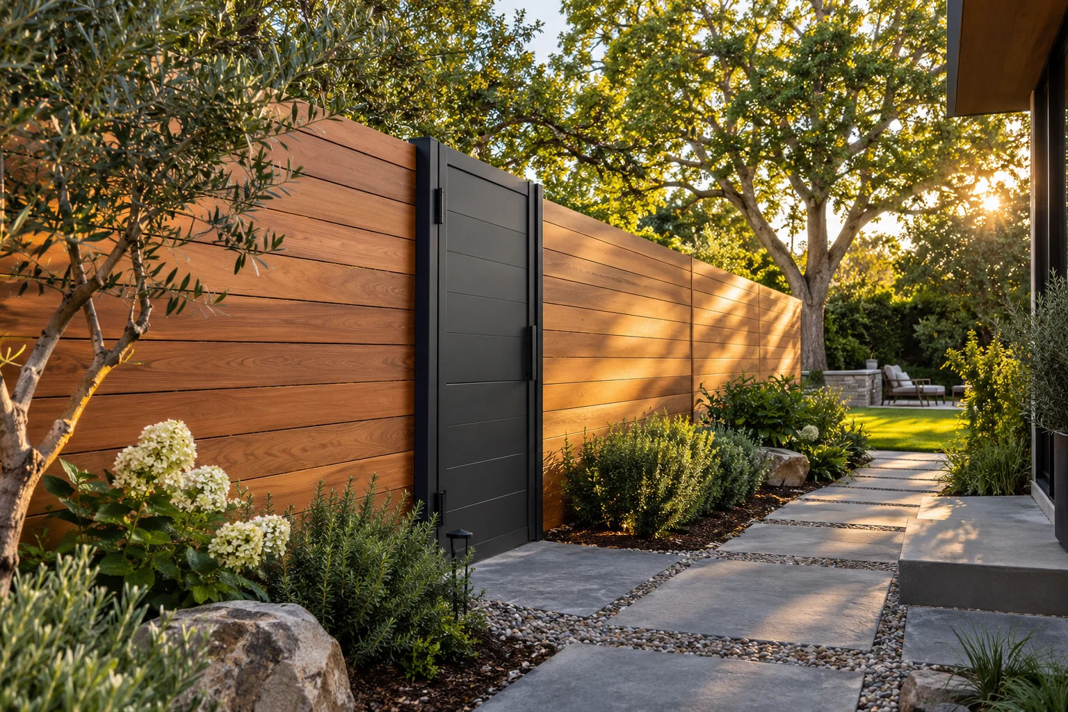 A dark gate interrupts a horizontal wooden fence beside a stone garden path and shrubs.
