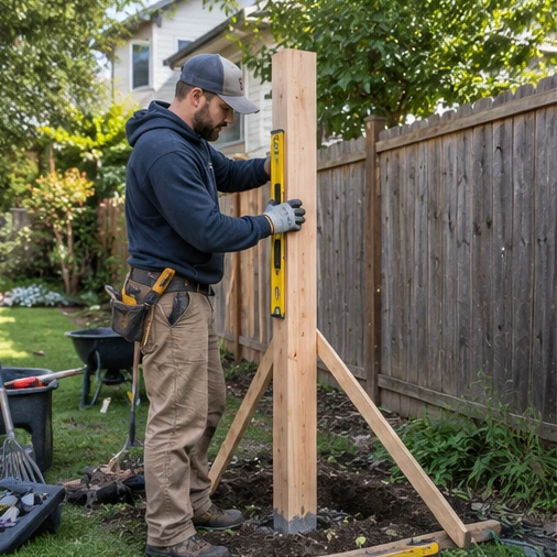 A worker checks a braced wooden fence post with a spirit level in a backyard.