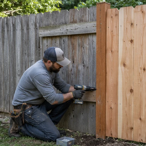 A kneeling worker uses a drill on a weathered wooden fence beside a new fence post and boards.