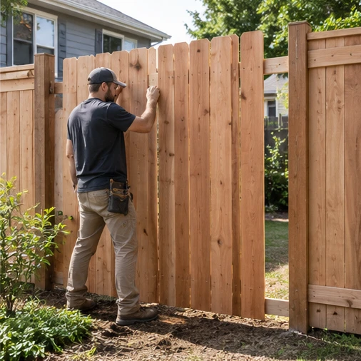 A worker holds a tall wooden gate panel between fence posts in a yard.