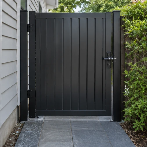 A closed black gate with a handle spans a stone path between a house and hedge.