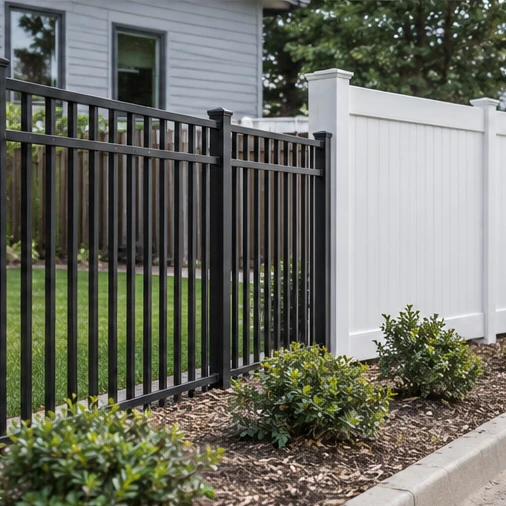 Black metal fencing meets a white privacy fence beside a house and planted border.