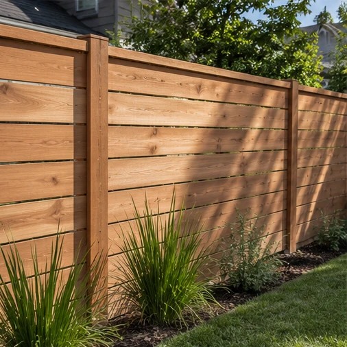 A horizontal wooden fence borders a planted bed and lawn beside a house.