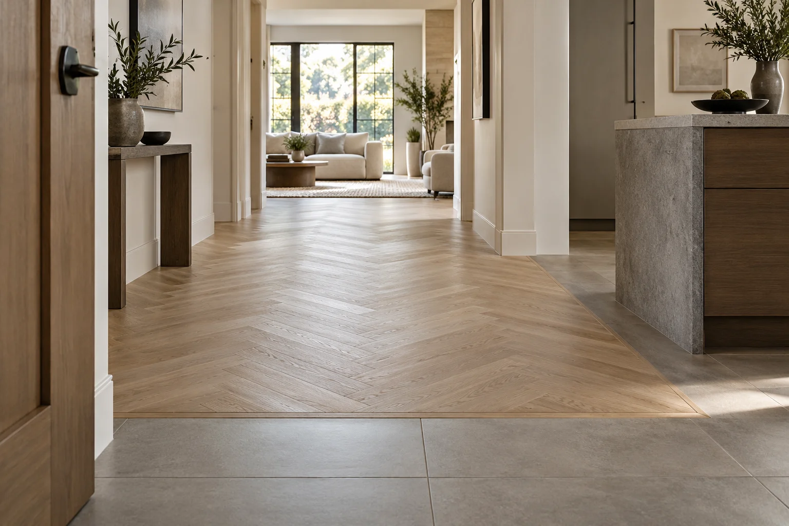 Light wood herringbone flooring meets large gray tiles in a hallway leading to a living room.