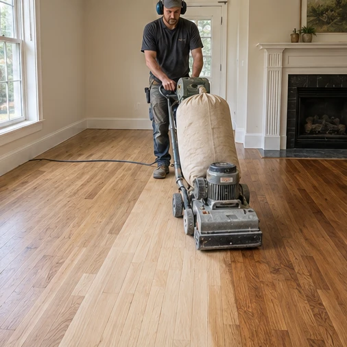 A worker operates a floor sanding machine on wooden flooring in a room with a fireplace.
