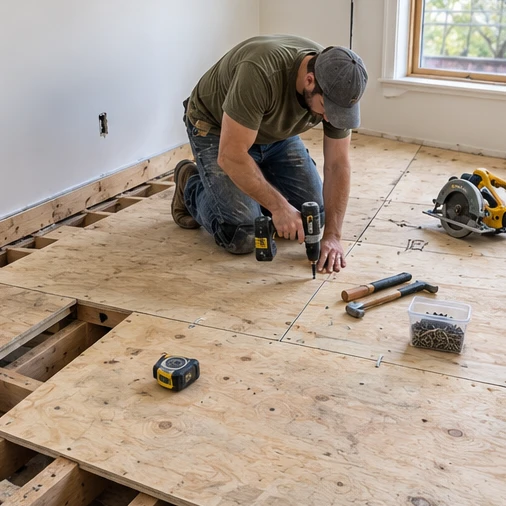 A kneeling worker screws plywood subfloor panels into place beside exposed floor joists.