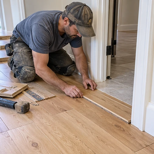 A worker kneels to fit wood-look flooring at a doorway beside a rubber mallet.