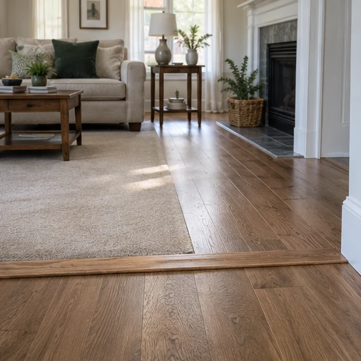 Wood flooring and a raised threshold lead into a living room with a rug, sofa and fireplace.