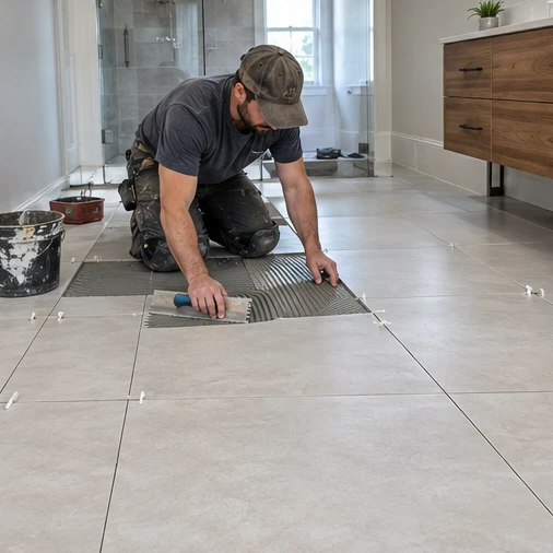 A worker spreads mortar with a notched trowel while installing large floor tiles in a bathroom.