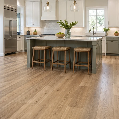 Wood-look plank flooring extends through a kitchen with white cabinets and a green island with three stools.