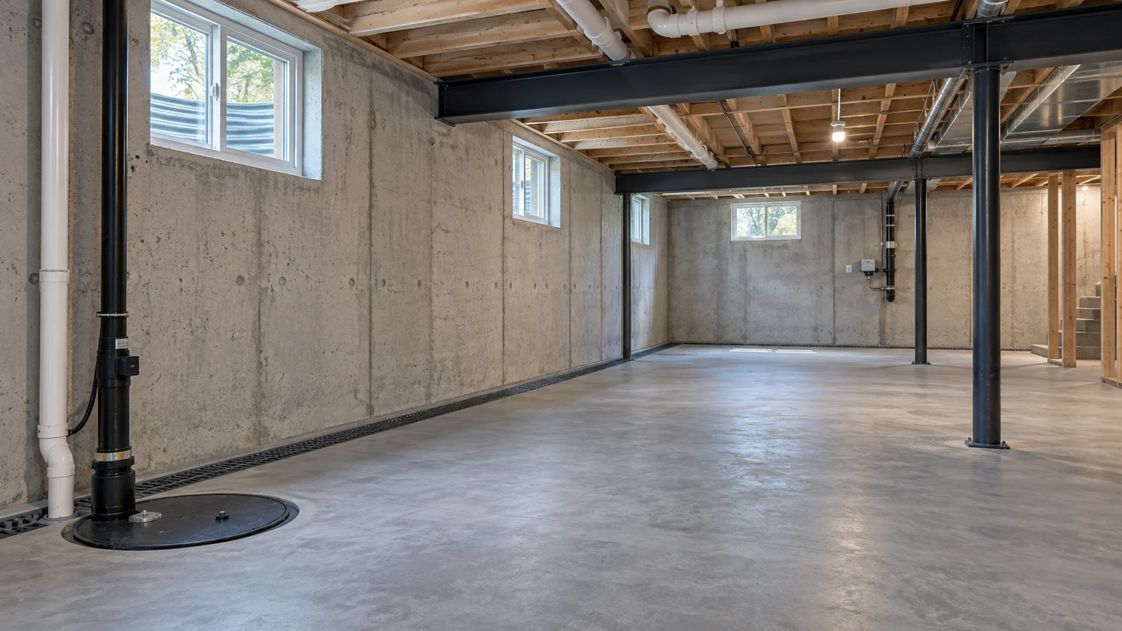 Clean basement foundation wall and drainage system viewed in natural window light