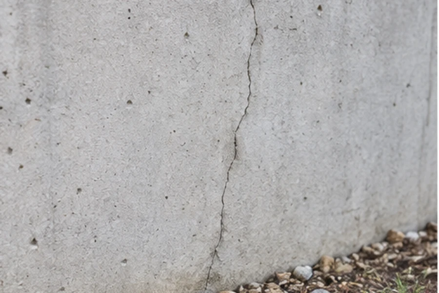 A narrow vertical crack runs down a concrete wall to gravel and soil at its base.