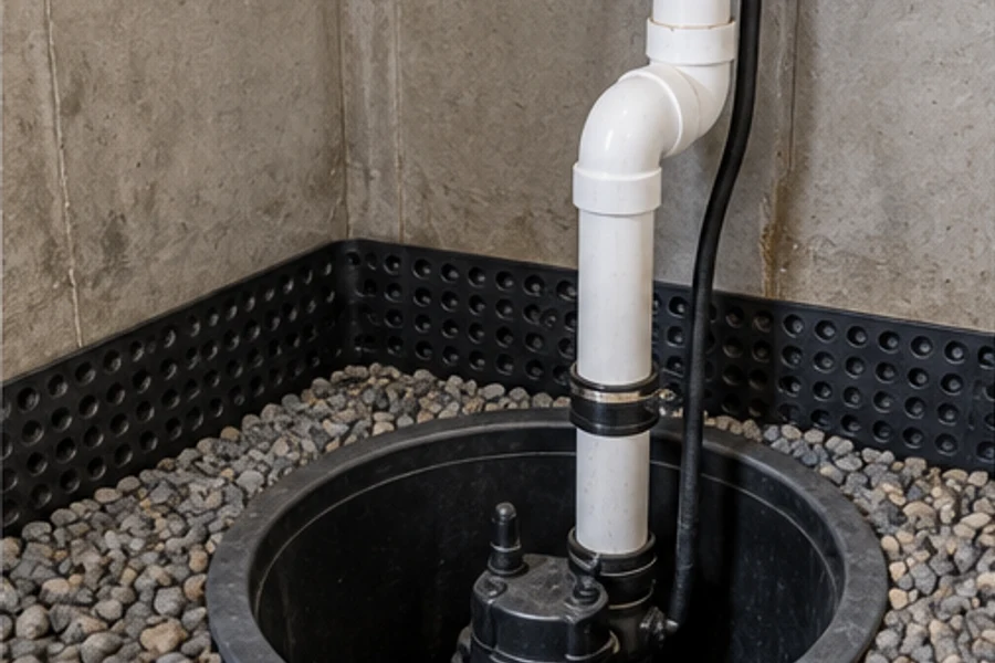 A sump pump sits in an open basin with a white discharge pipe, surrounded by gravel in a basement corner.