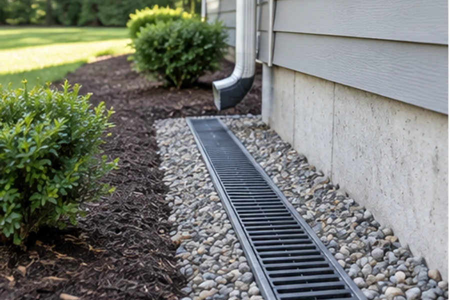 A grated drainage channel runs through gravel beside a house foundation and downspout.