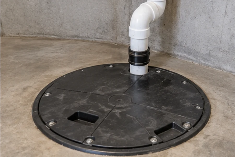 A round black basin lid sits in a concrete floor with a white pipe rising from it.