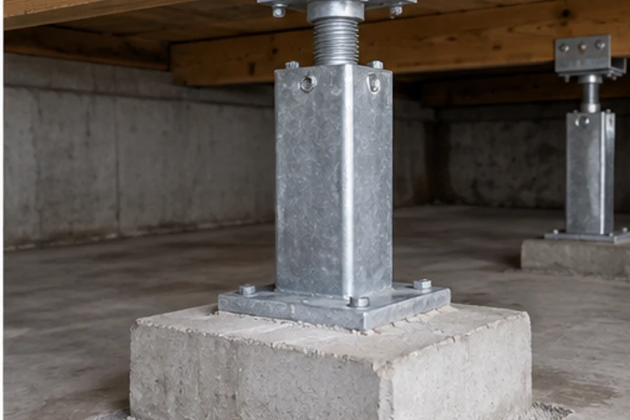 Adjustable metal support posts stand on concrete footings beneath wooden floor beams in a crawlspace.