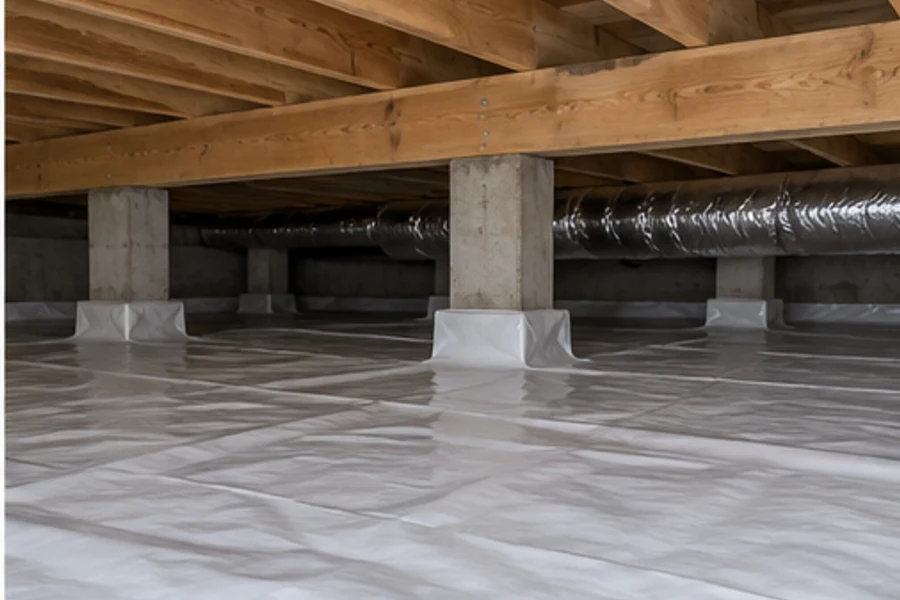 White sheeting covers a crawl space floor around concrete piers beneath wooden joists and metal ductwork.