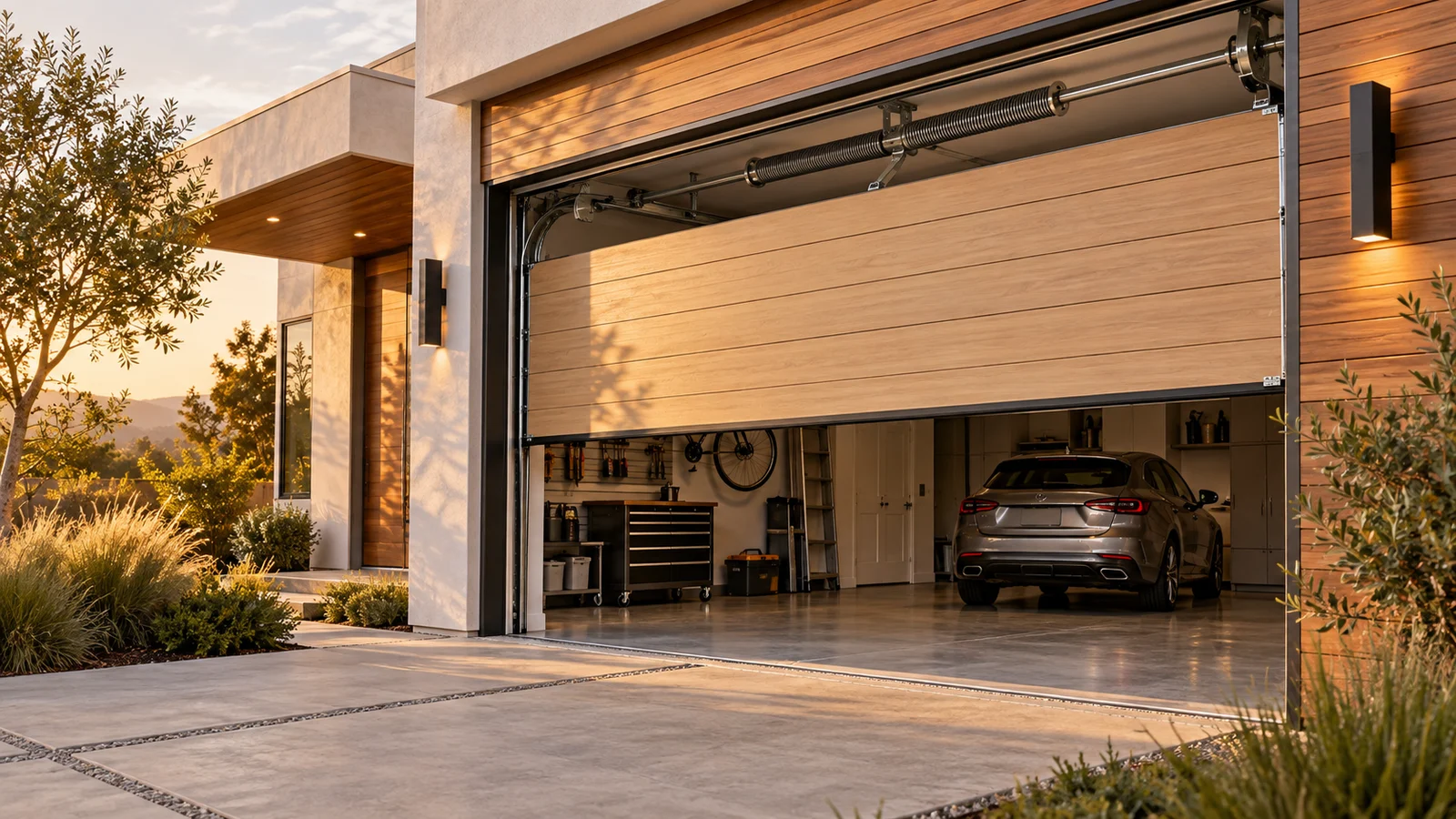 Timber sectional garage door with visible overhead tracks at a contemporary home