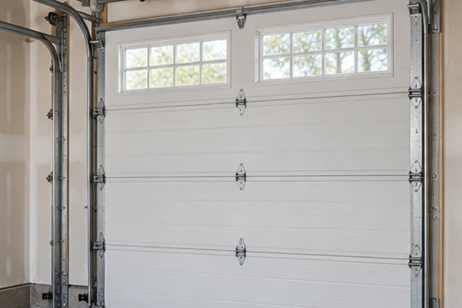 A closed white sectional garage door has upper windows and exposed metal tracks inside a garage.