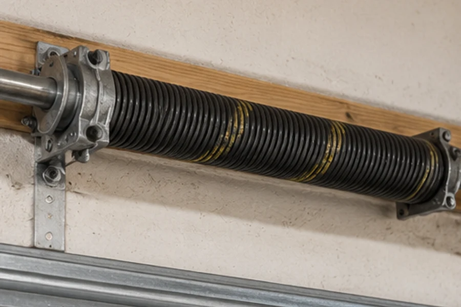 A coiled garage door torsion spring sits on a metal shaft above the door track.