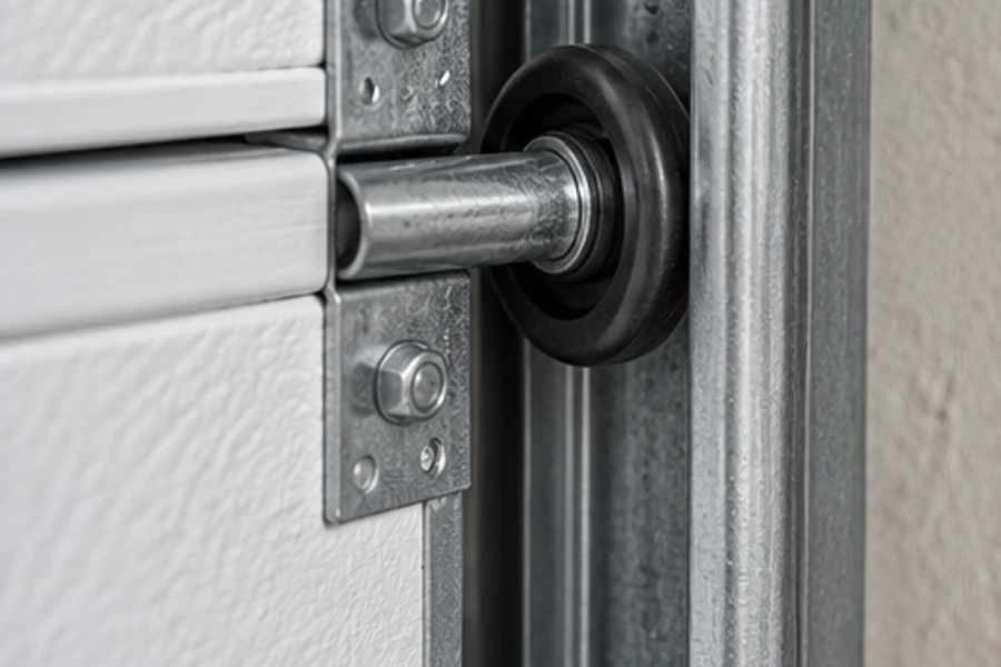 A black garage door roller sits in a metal track beside a bracket bolted to a white door panel.