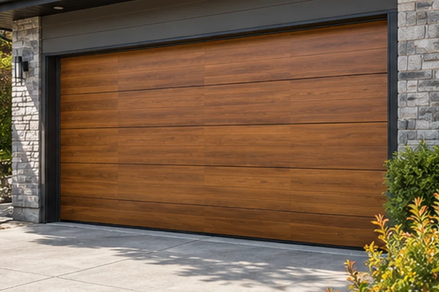 A closed wood-finish garage door sits between stone columns above a concrete driveway.