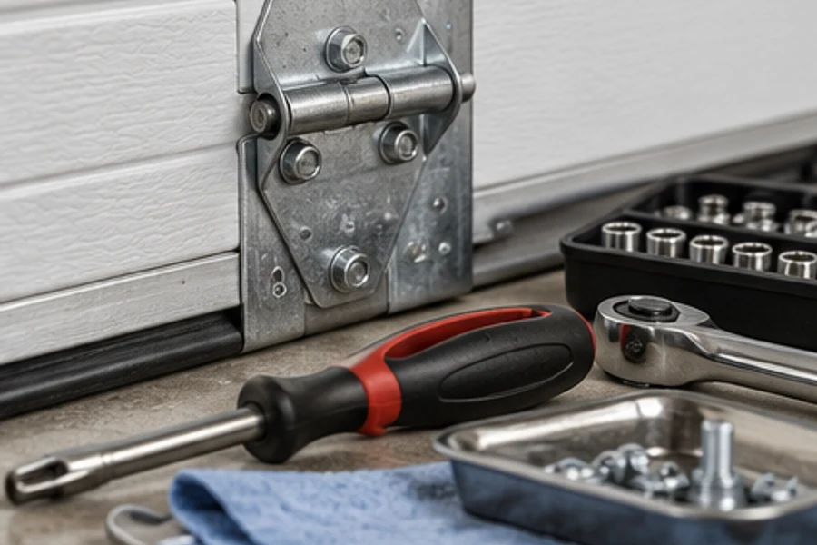 A screwdriver, ratchet, sockets and loose fasteners lie beside a metal garage door hinge.