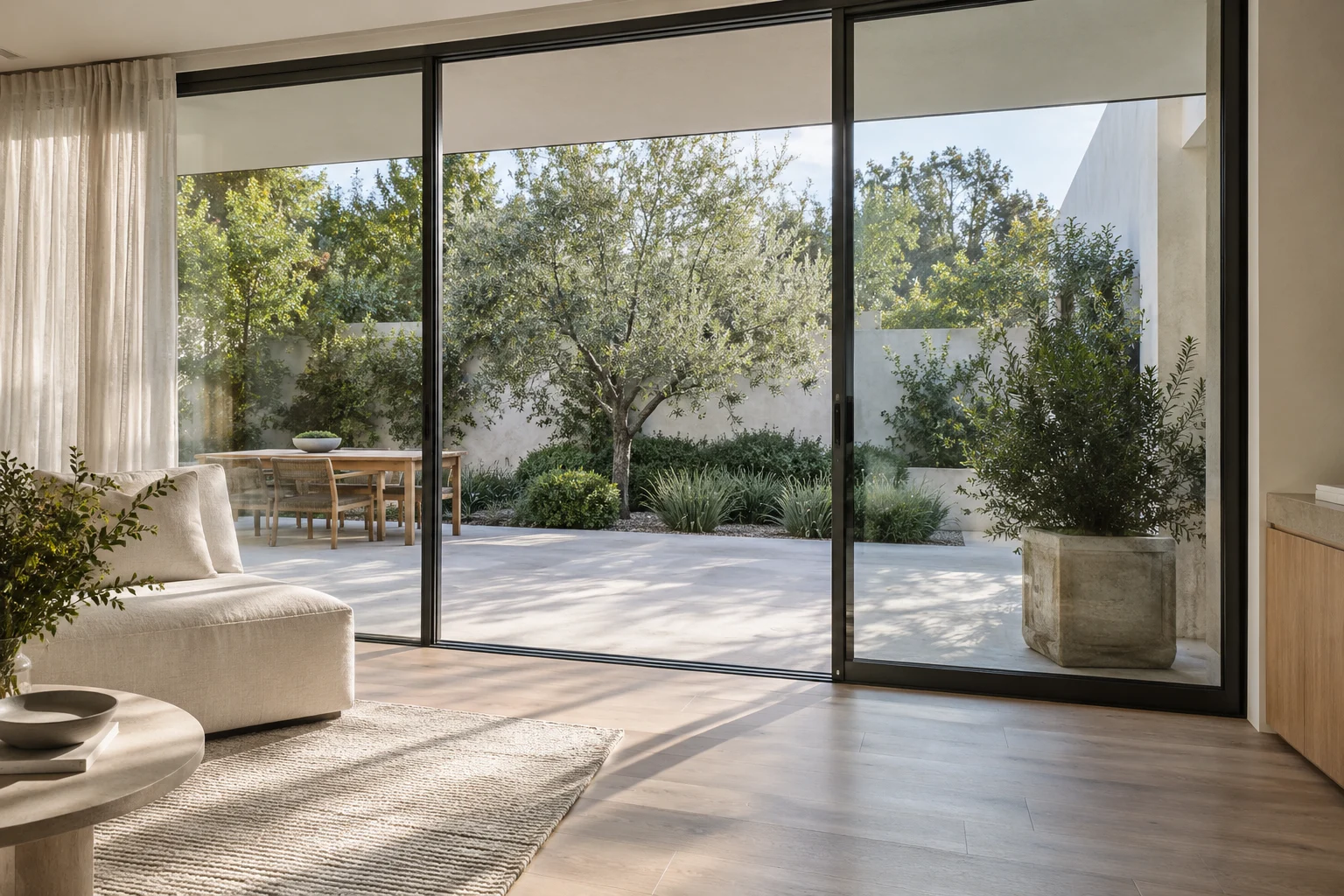 Floor-to-ceiling sliding glass doors connect a living room with a patio and planted courtyard.