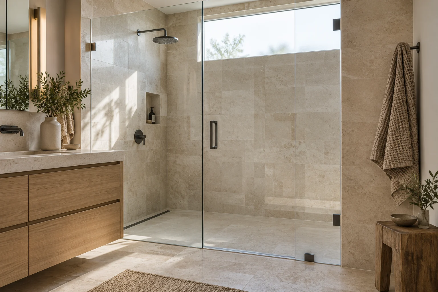 A bathroom features a glass shower enclosure, beige tiles, a wooden vanity, and a wall-mounted showerhead.