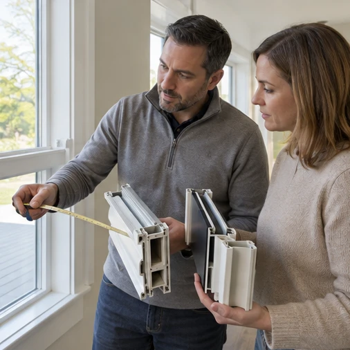 Two adults hold window frame samples while one measures beside an existing window.