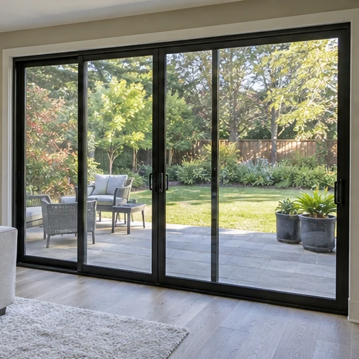 Black-framed sliding glass doors overlook a patio with chairs and a green garden.