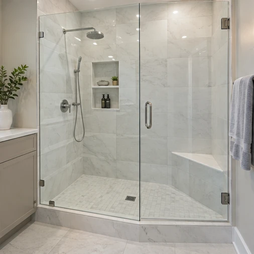 A glass shower enclosure contains marble-patterned tile, a rainfall showerhead, wall niches and a corner bench.