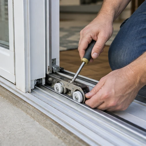 A worker uses a screwdriver on the roller assembly at the bottom of a sliding door.