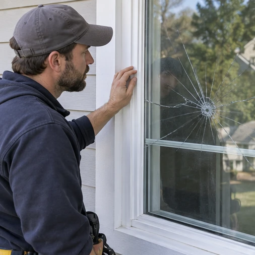 A worker examines a window with radiating cracks outside a house.