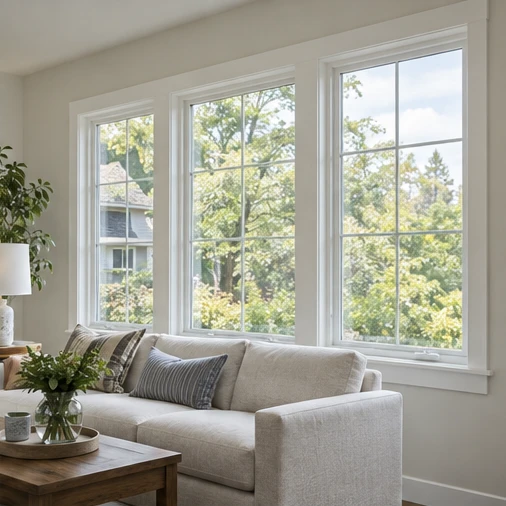 Three tall white-trimmed windows bring daylight into a living room with a sofa and wooden coffee table.