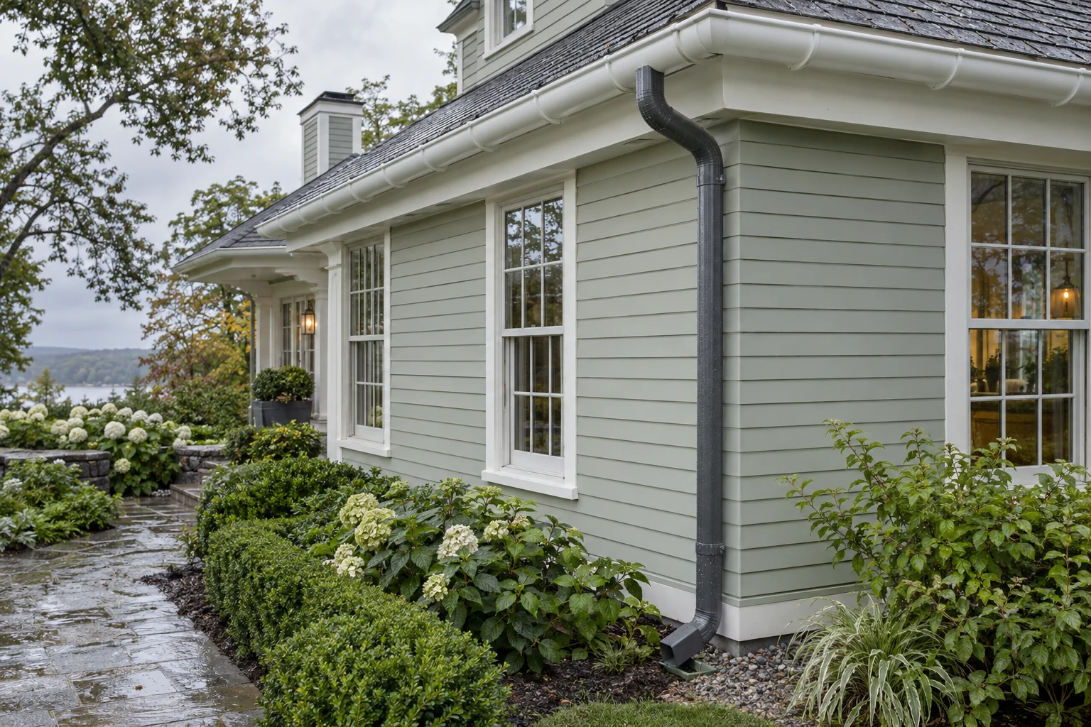 White gutters and a dark downspout run along a gray house beside wet paving and garden beds.