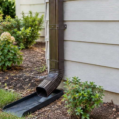 A brown downspout empties into a black splash block beside house siding and shrubs.