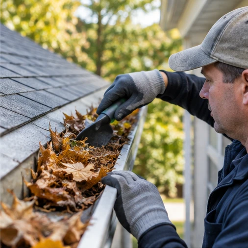 A gloved worker scoops dry leaves from a roof gutter.