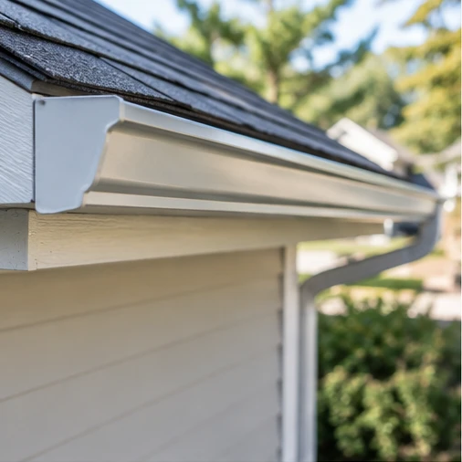 A light-colored gutter runs along a shingled roof edge and connects to a downspout.