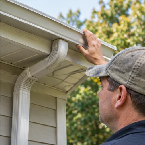 A worker touches a white gutter above a downspout on a house.