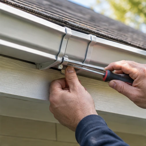 A worker's hands use a screwdriver on a metal gutter bracket beneath a shingled roof.