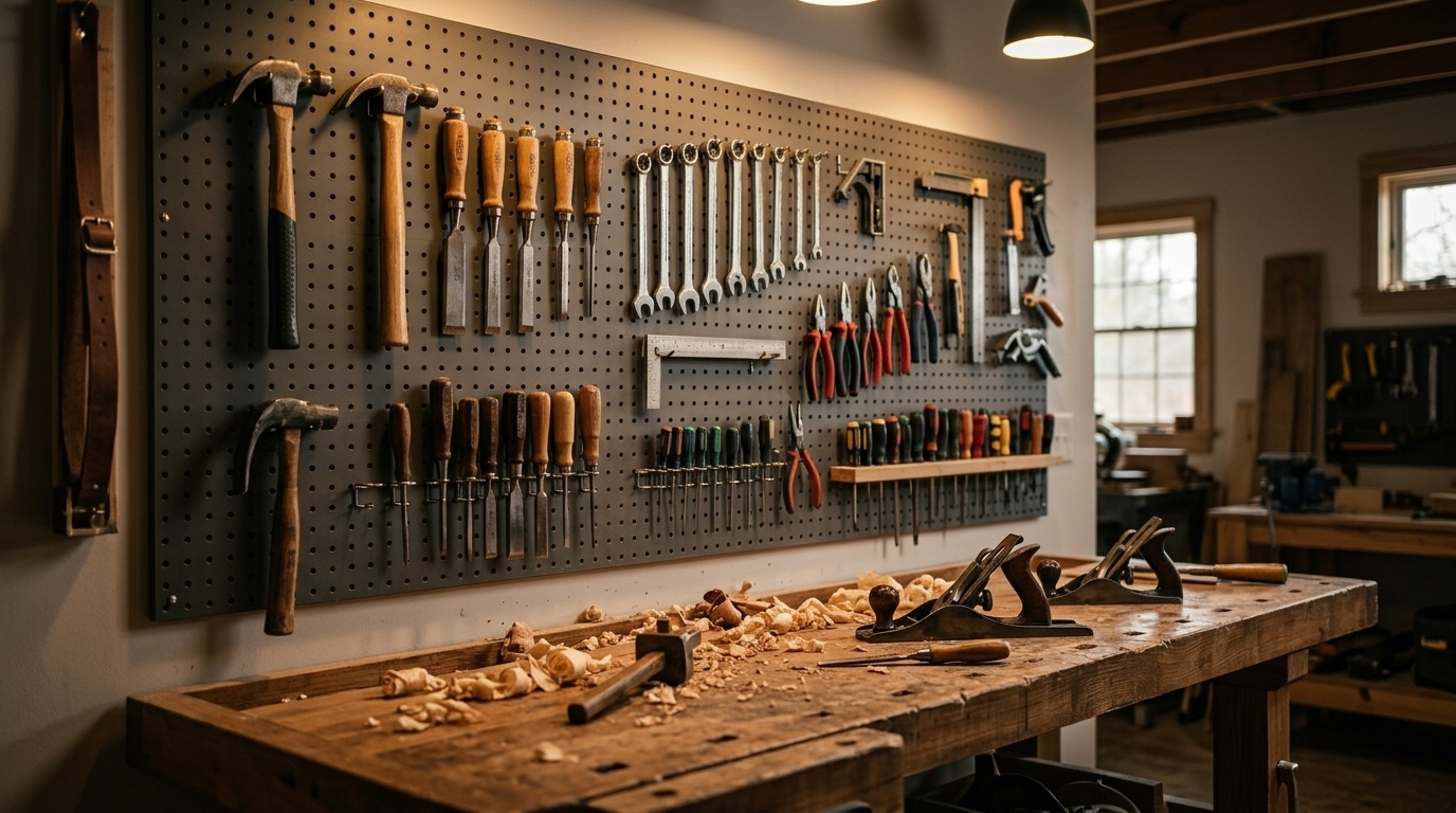Organized wall of home repair tools in a warm workshop